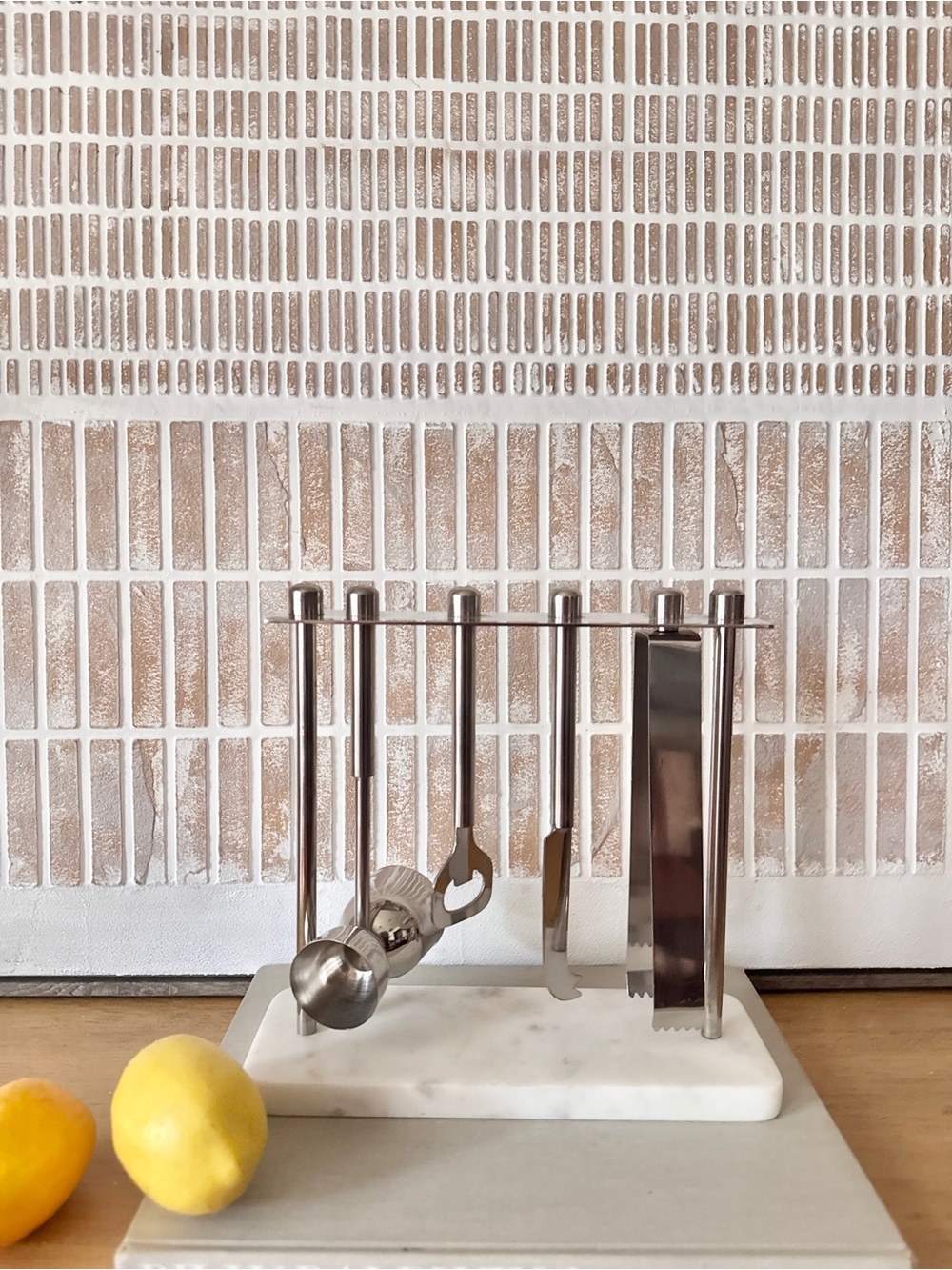 Vintage Set of Hanging Cocktail Stainless Steel Tools in Marble Base